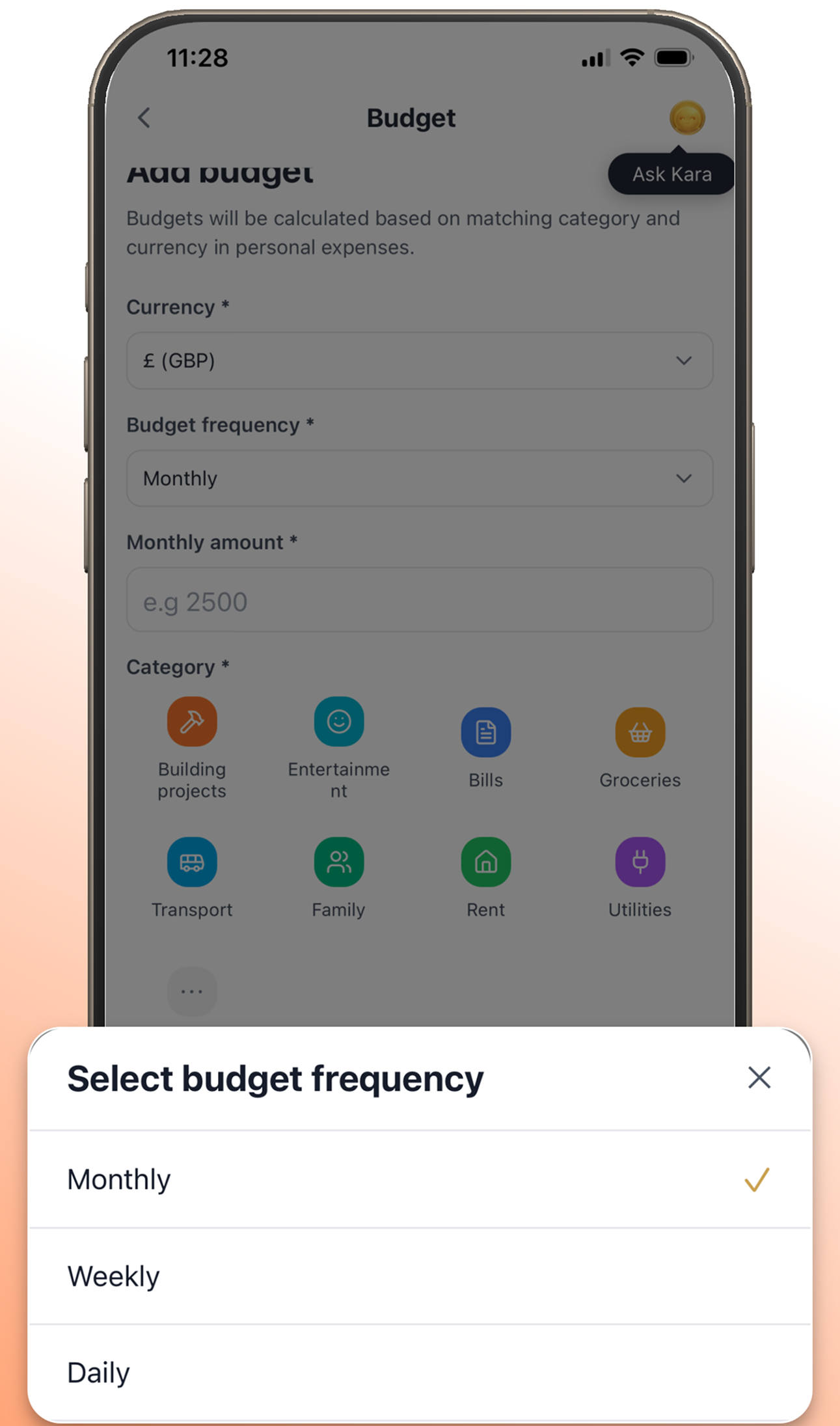 SabiFunds budget screen showing budget frequency and spending categories