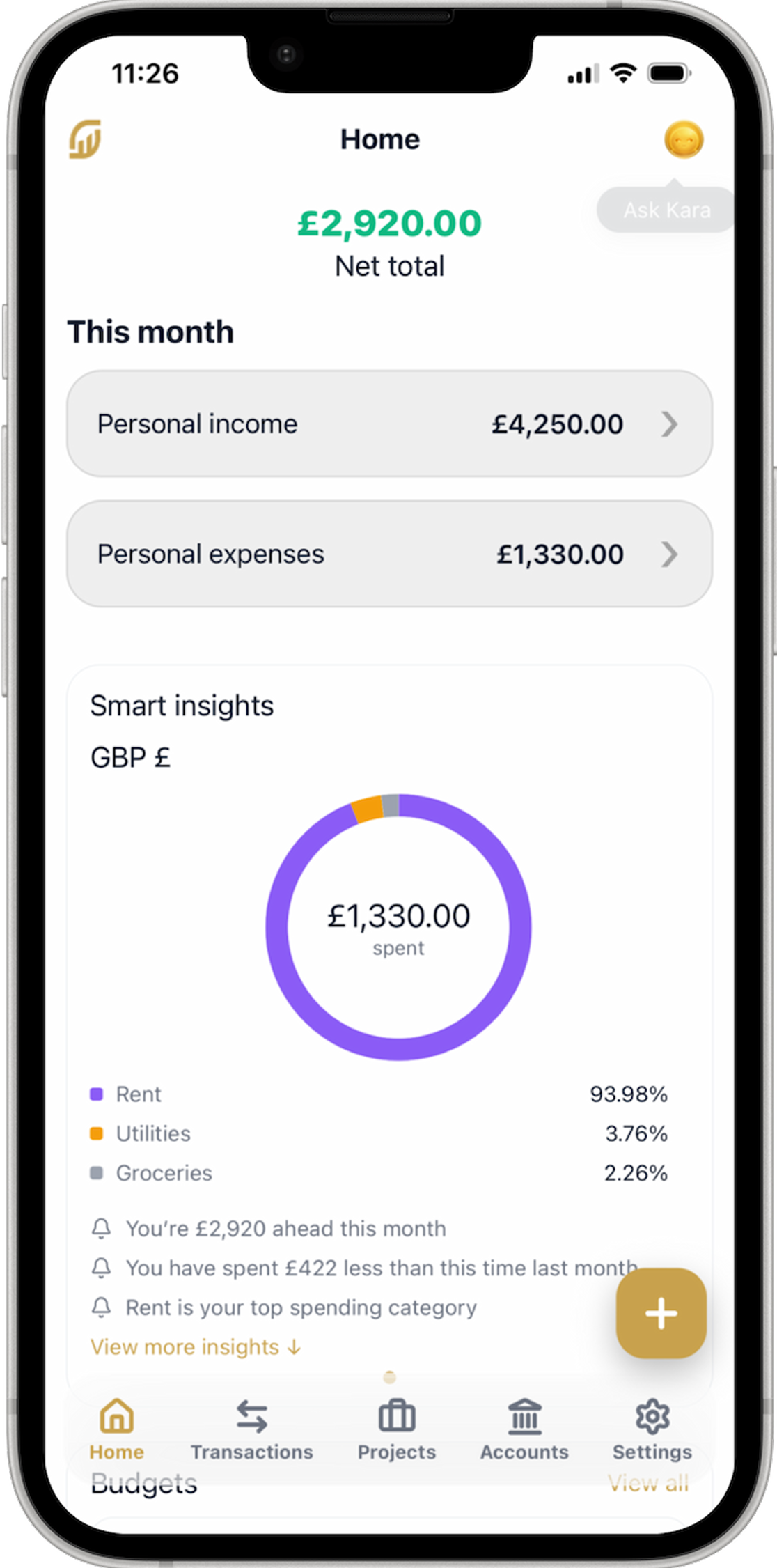 SabiFunds home screen showing net total, income, expenses and smart insights